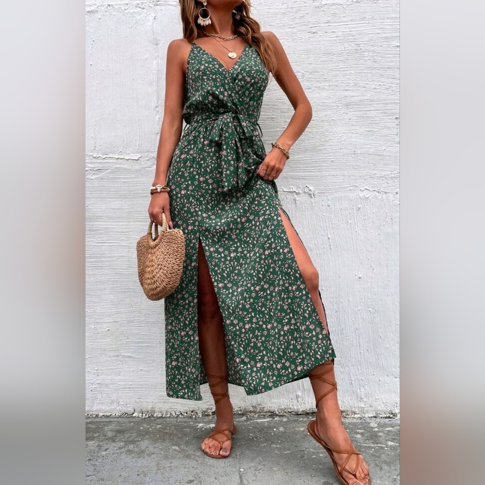 * New Boho Double Split Cami Dress Maxi Floral Dark Green - Picture 4 of 11